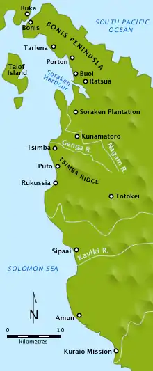 A detailed map showing the north-western coast line of an island. Several harbours are depicted, along with various locations