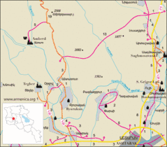 Road map showing the location of Tegher Monastery and the surrounding region.