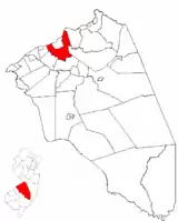 Location of Burlington Township in Burlington County highlighted in red (right). Inset map: Location of Burlington County in New Jersey highlighted in red (left).