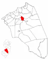 Location of Eastampton Township in Burlington County highlighted in red (right). Inset map: Location of Burlington County in New Jersey highlighted in red (left).