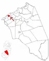 Location of Riverside Township in Burlington County highlighted in red (right). Inset map: Location of Burlington County in New Jersey highlighted in red (left).