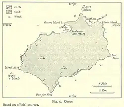  island outline with some marked features including the locations of two shipwrecks in an area identified as Wafer Bay