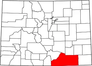 Map of Colorado highlighting Las Animas County