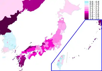 Map of East Asia by total fertility rate (TFR) in 2021. Japan's TFR in 2012 was estimated at 1.41 children per woman, increasing slightly from 1.32 in the 2001–05 period. In 2012, the highest TFR was 1.90, in Okinawa, and the lowest was 1.09, in Tokyo. TFR by prefecture for 2000–05, as well as future estimates, have been released.