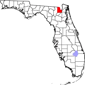 A state map highlighting Baker County in the corner part of the state. It is medium in size.