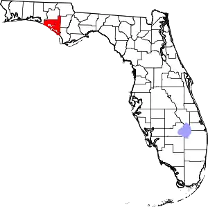 A state map highlighting Bay County in the panhandle part of the state. It is medium in size.