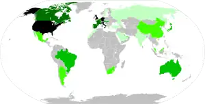 A map of the world showing countries that have held a Grand Prix in varying colours from airy green to black.