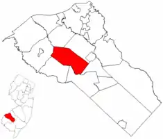 Location of Harrison Township in Gloucester County highlighted in red (right). Inset map: Location of Gloucester County in New Jersey highlighted in red (left).