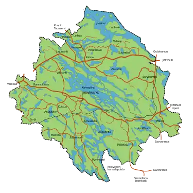 A map showing the position of Kermajärvi in the middle of Heinävesi