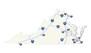 A map of the Interstate Highways in Virginia