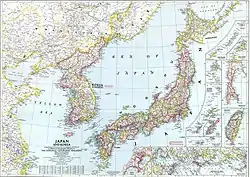 1945 National Geographic map of Korea, showing Japanese placenames and provincial boundaries