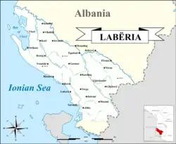 Map of Labëria, based on the more expansive version (see Labëria#Extent)