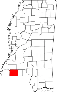 Map of Mississippi highlighting Amite County