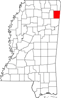 Map of Mississippi highlighting Itawamba County