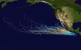 Tracks of all known Category 4 Pacific hurricanes from 1949 to 2011 in the central and eastern Pacific basins.