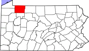 Map of Pennsylvania highlighting Warren County