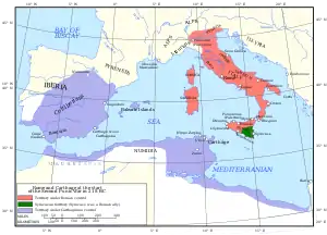 A map of the western Mediterranean showing territory controlled by Carthage and Rome in 218 BC