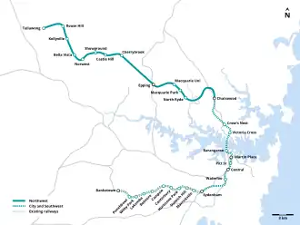 Map of the Sydney Metro network in 2025, consisting of the Northwest line linking Tallawong with Chatswood and the Southwest line linking Chatswood with Bankstown via the Sydney CBD and Sydenham.