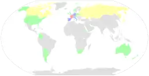 A world map with colours showing how many rider from each nation competed in the 2016 Tour de France.