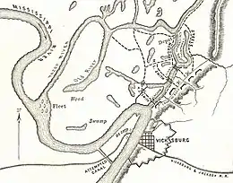 Map of the canal in the Vicksburg area.  Vicksburg is to the east, on the right of a bend in the river.  The interior of the bend is filled by a peninsula; the canal cuts across the peninsula