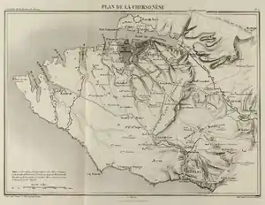 Supply lines from the port of Balaklava, 1855. The Grand Crimean Central Railway is shown as "Chemin de Fer Anglais"