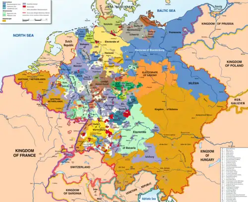 map of the Holy Roman Empire (central Europe) in 1789 showing the several hundred states, in different colours