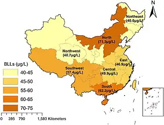 Map showing the mean blood lead levels (BLLs) of adults in China during 1980–2018.