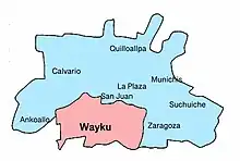 Map shows the city of Lamas, which is roughly a trapezoid, with the short side to the north. the southern central portion of the city, around a fifth of the area, is labelled "Wayku", to its east is Ankoallo, to Wayku's north is San Juan and La Plaza, and just to their northwest, Munichis. To the west of Wayku is Zaragoza, with Sucuiche further north, towards Munichis. There are two northern suburbs, Calvario in the northeast and Quilloallpa in the northwest.