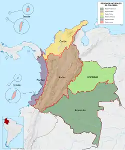 Image 10Natural regions of Colombia.  Amazon Region  Andean Region  Caribbean Region  Insular Region  Orinoquía Region  Pacific Region (from Culture of Colombia)