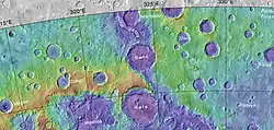 Part of Uzboi Vallis along with nearby craters.  Colors relate to elevation.