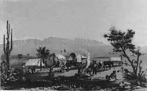 An American wagon train at Maricopa Wells, 1857 drawing