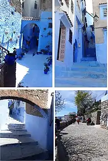 Illustrations of the typical blue facades of Chefchaouen city