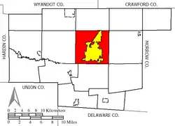 Location of Marion Township (red) in Marion County, surrounding the city of Marion (yellow)