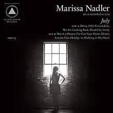 A black-and-white photograph of Marissa Nadler silhouetted against a window in a brick wall, with the album artist, title, and song names listed in silver on the right