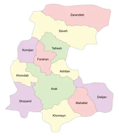 Location of Mahallat County in Markazi province (bottom right, pink)