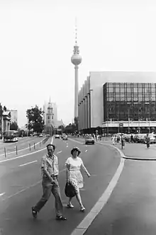 Marx-Engels-Platz and the Palace of the Republic in East Berlin in the summer of 1989. The Fernsehturm (TV Tower) is visible in the background.