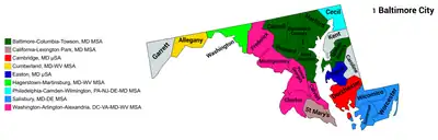 Map of the nine core-based statistical areas in Maryland.