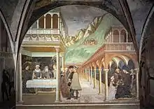 Painting of a banquet under colonnades with a mountain in the background