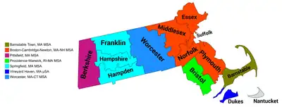 Map of the seven core-based statistical areas in Massachusetts.