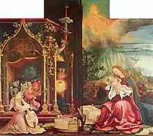 A panel from an altarpiece by Grünewald. On the right, the Virgin Mary gazes at the Christ Child while above her, in a sky blazing with light, God is seated on a throne surrounded by the Hosts of Heaven. To the left an orchestra of cherubim plays in a Gothic loggia.