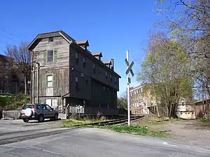 A three-story wooden railway station