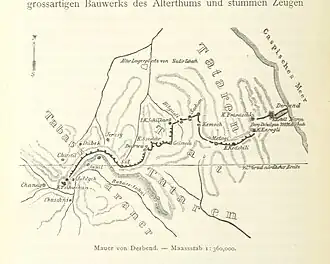 Map of the Sasanian fortifications at Derbent, by Roderich von Erckert