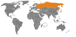 Map indicating locations of Mauritius and Russia