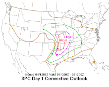 A map displaying a high risk for severe weather over the Ozarks with a slight risk extending throughout the Mississippi River Valley.