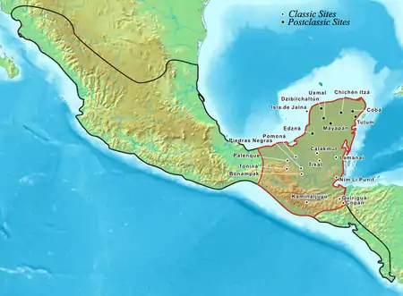 Map showing the extent of the Maya civilization