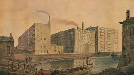 A faded, sepia-tinged illustration of rectangular buildings near a body of water. They are lined with many windows, and smokestacks protrude from the roofs