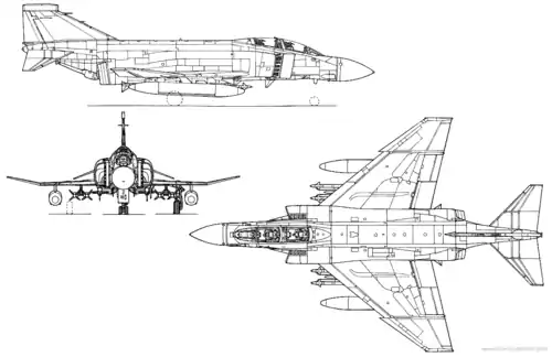 A line drawing of the McDonnell-Douglas F-4K containing three views; right (starboard), front (head-on), and top (planform)