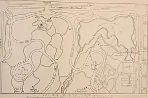 A 1905 map showing the location of fortifications from the War of 1812, built near Harlem Meer.