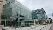 Exterior front entrance of the McMaster Health Campus in Downtown Hamilton