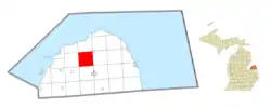 Location within Huron County (red) and an administered portion of the Kinde village (pink)